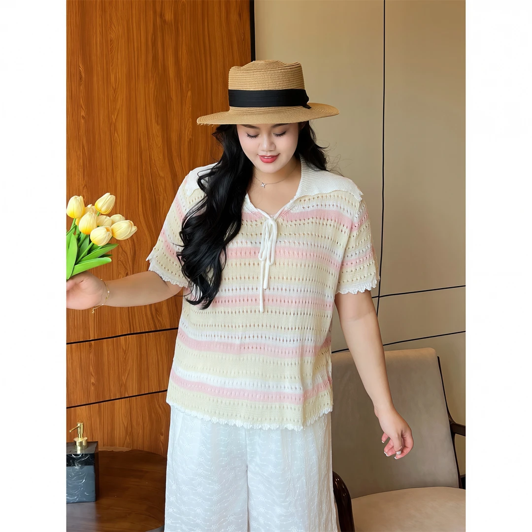 大码女装夏季小众显瘦花契200斤胖mm海岛丝镂空针织短袖t恤11081