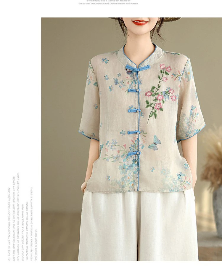 古风文艺范女士夏季复古刺绣碎花轻薄麻料盘扣宽松短袖衬衫T恤女
