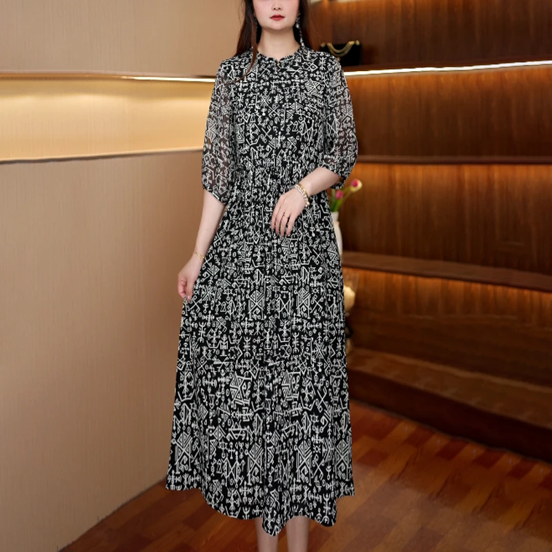 [新鱼骨头]百搭显瘦连衣裙女中长款214