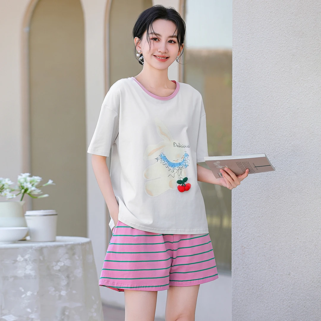 睡衣女夏季短袖短裤休闲套头简约可爱家居服套装夏天可外穿