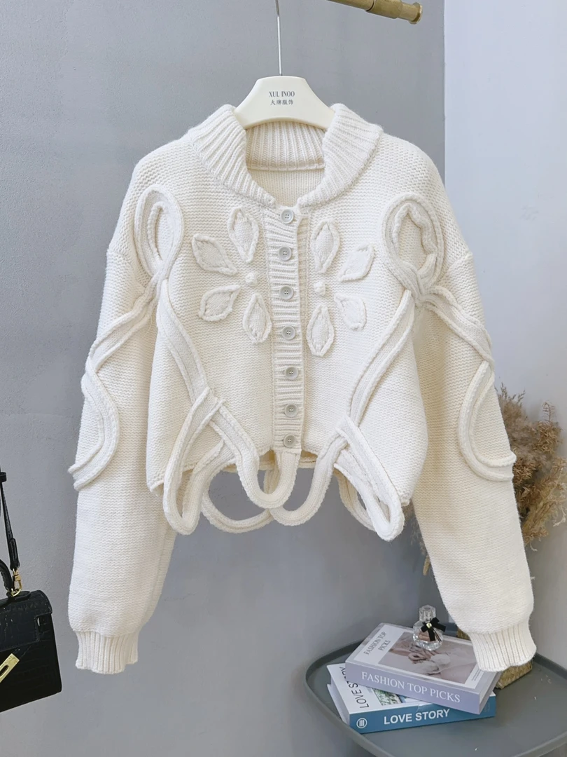 丨秋冬新款米白色立体重工设计感时尚百搭针织开衫 4017