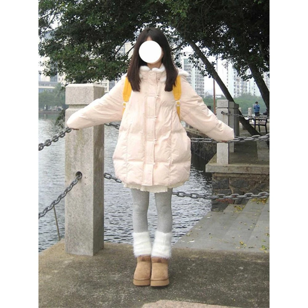 韩系奶fufu粉色牛角扣设计棉服女2025冬季加厚防风保暖中长款外套