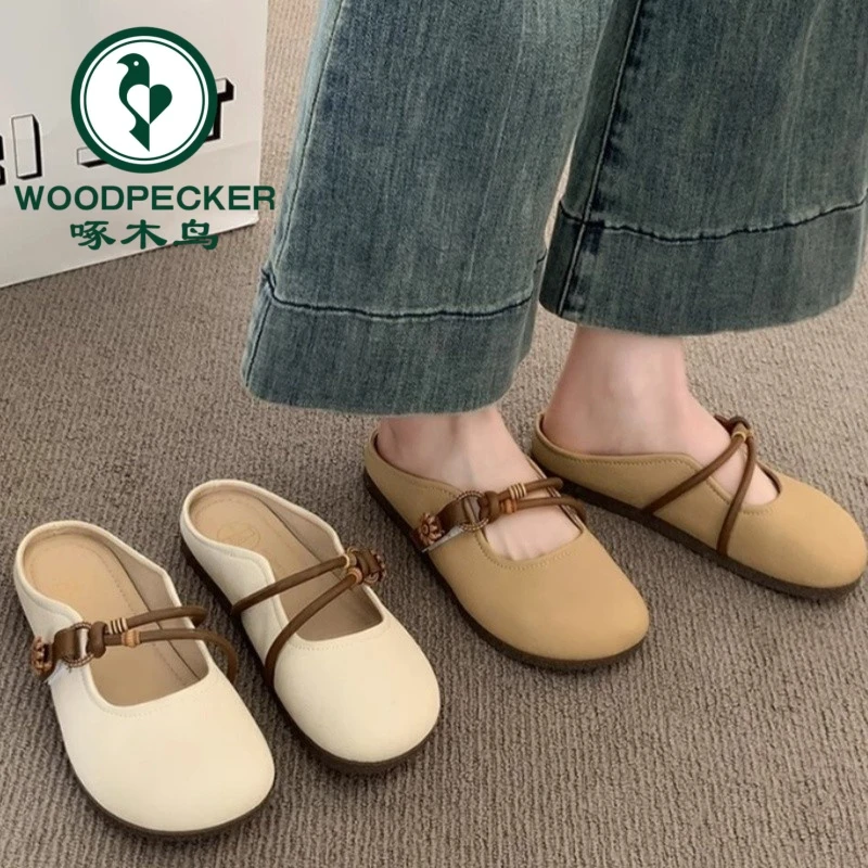 啄木鸟女士外穿包头半拖鞋夏季2025新款平底一脚蹬软底法式凉拖