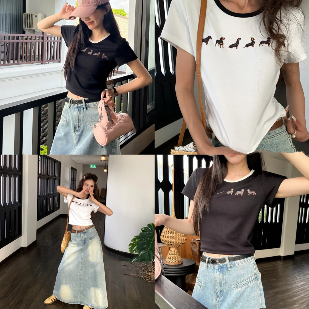 AOYING VANTECH澳莹万特 MIU系撞色圆领短袖腊肠狗印花显瘦T恤