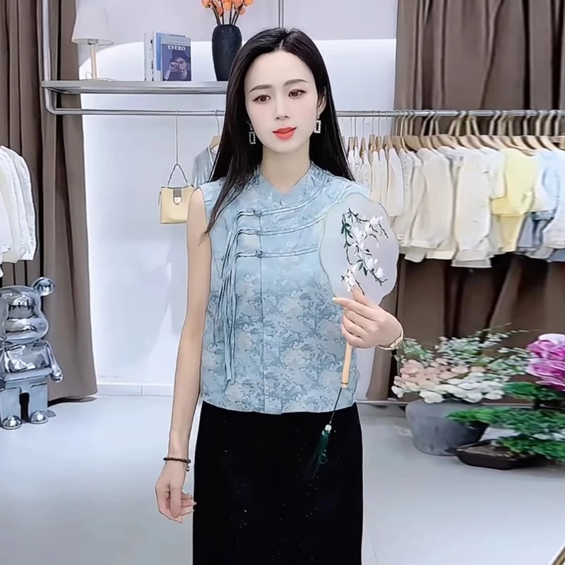 时尚衬衫女2025夏季新款时髦洋气国风立领上衣盘扣流苏无袖背心潮
