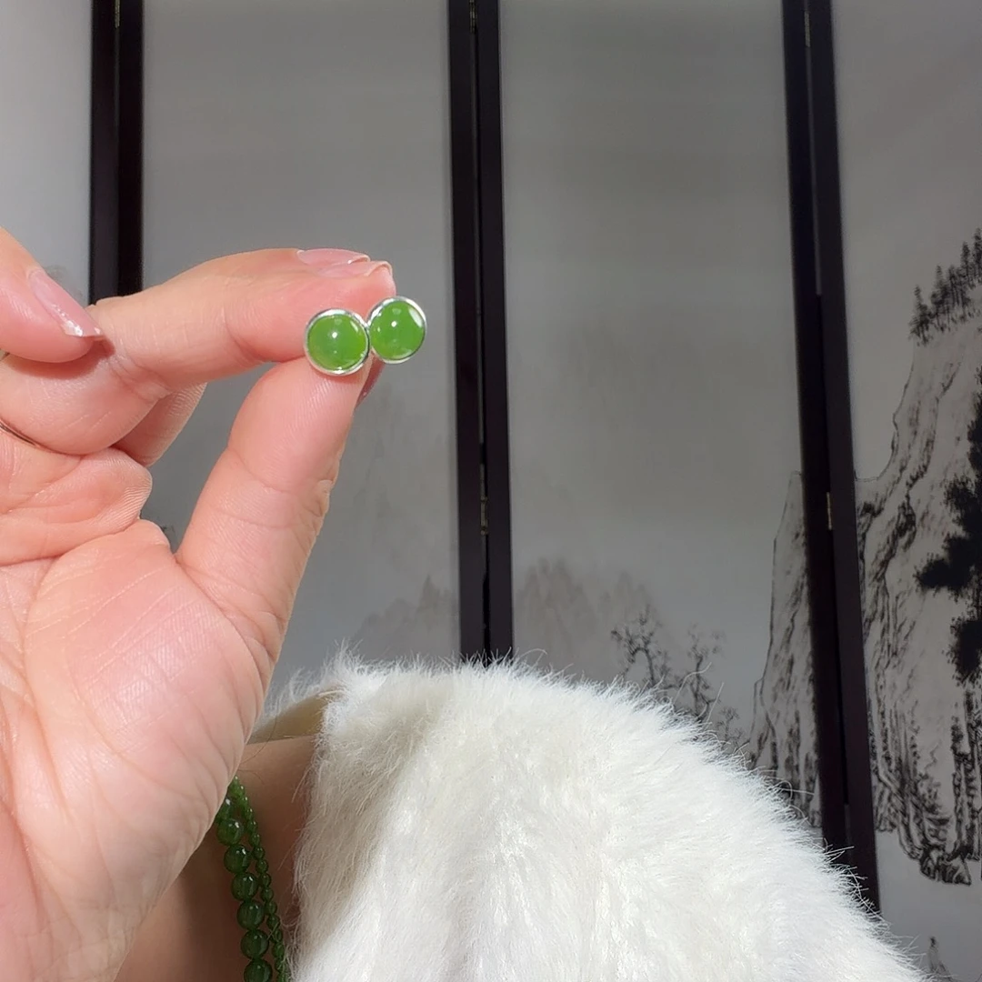 和田玉（碧玉）银S925镶嵌耳饰