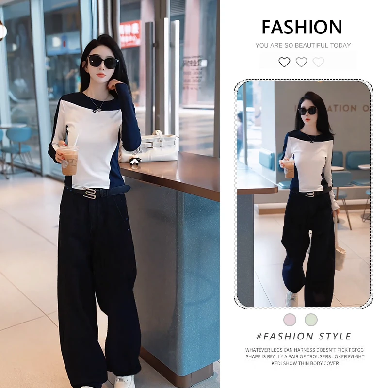 2025秋新款美式正肩显瘦长袖T恤女设计感小众拼色打底超好看上衣