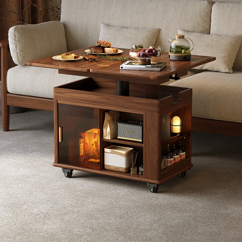 黑胡桃木升降茶几移动小推车茶桌折叠多功能实木沙发边几DH250384