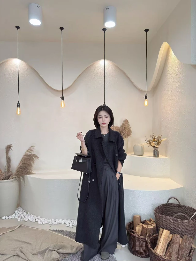 【ANWEN原创】双面羊驼毛大衣韩版宽松长款高级感气质娃娃领双排扣