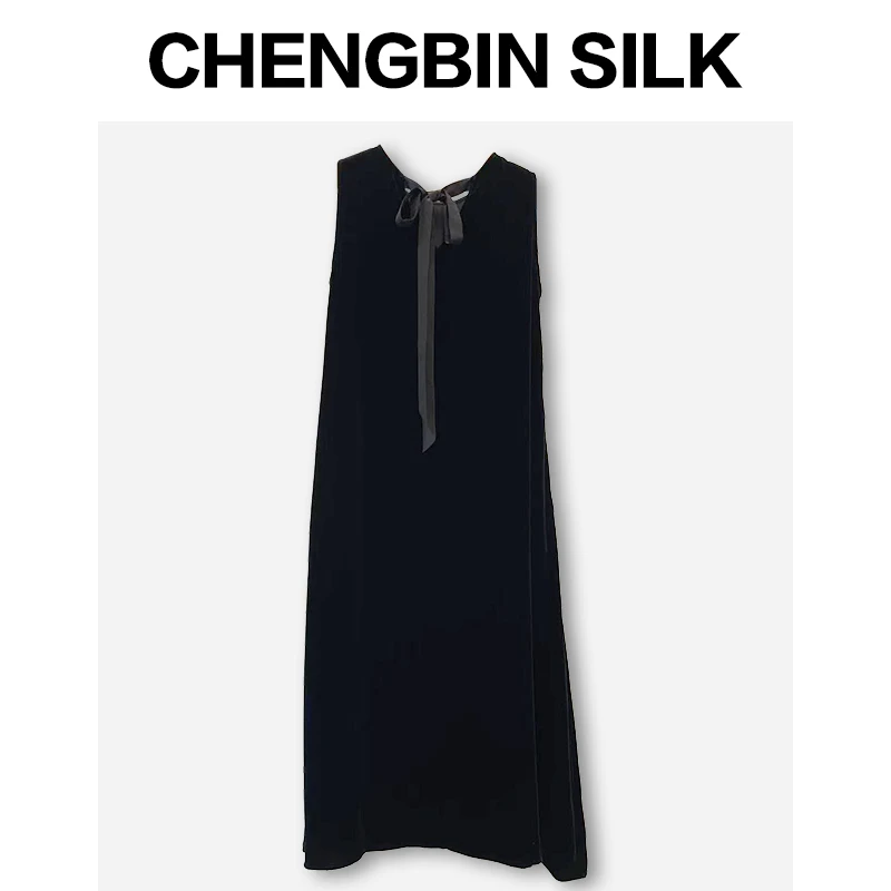 花一朵无袖后背飘带大摆连衣裙重磅真丝桑蚕丝丝绒纯欲风192662