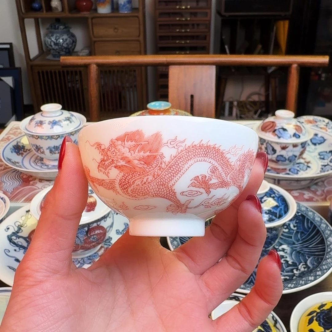杯H*H重工釉下红白瓷杯纯手绘