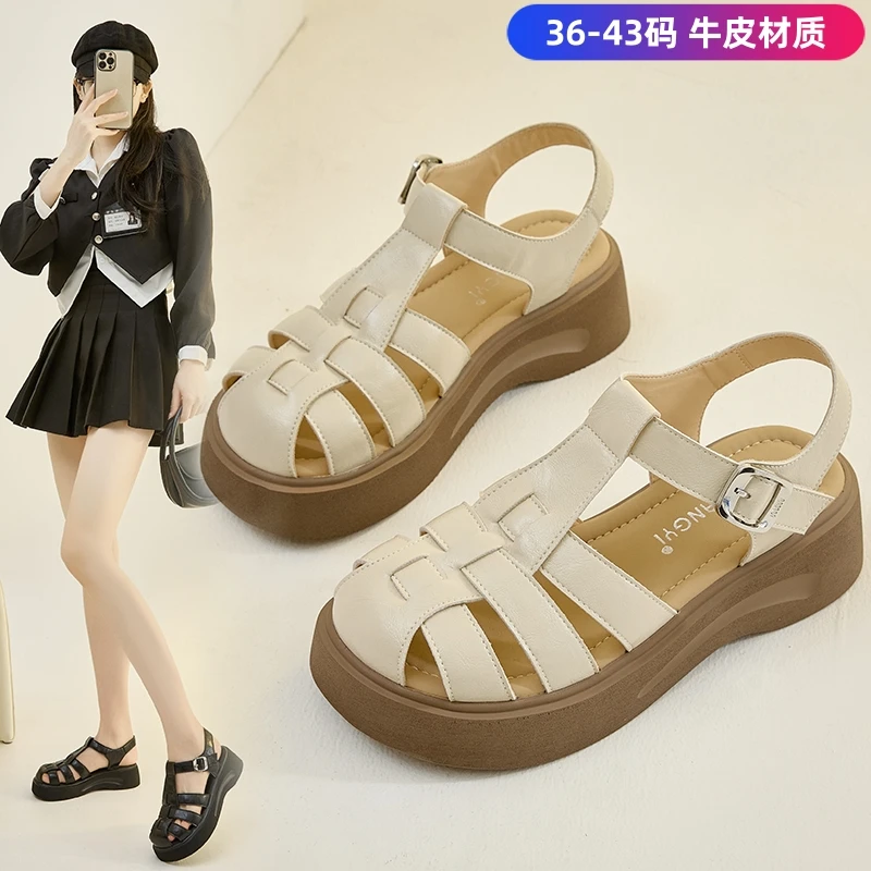 休闲时尚编织真皮厚底包头罗马凉鞋夏季大码女鞋41到43镂空猪笼鞋