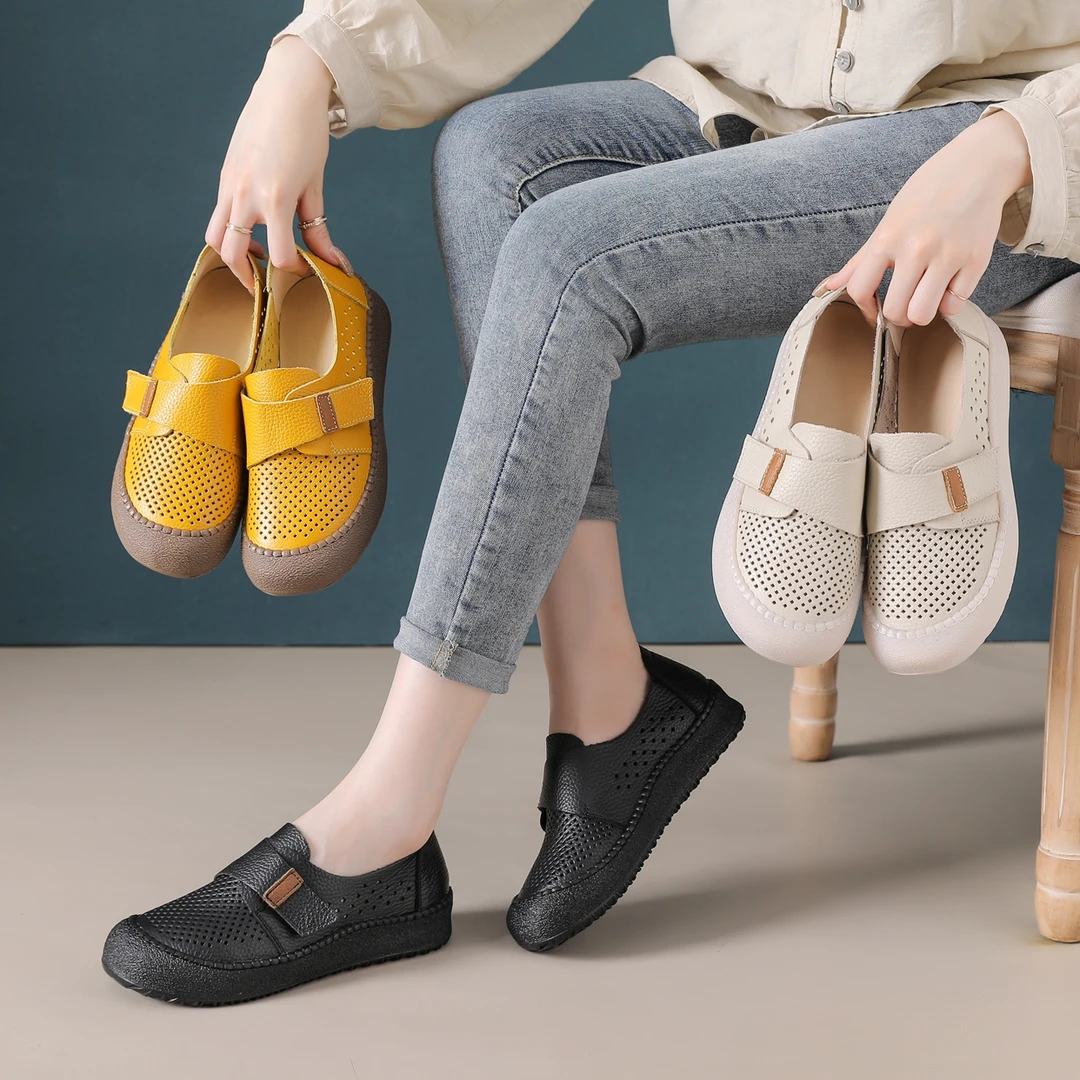 【女鞋】2025款夏头层牛皮浅口女复古休闲厚底果冻底镂空懒人鞋