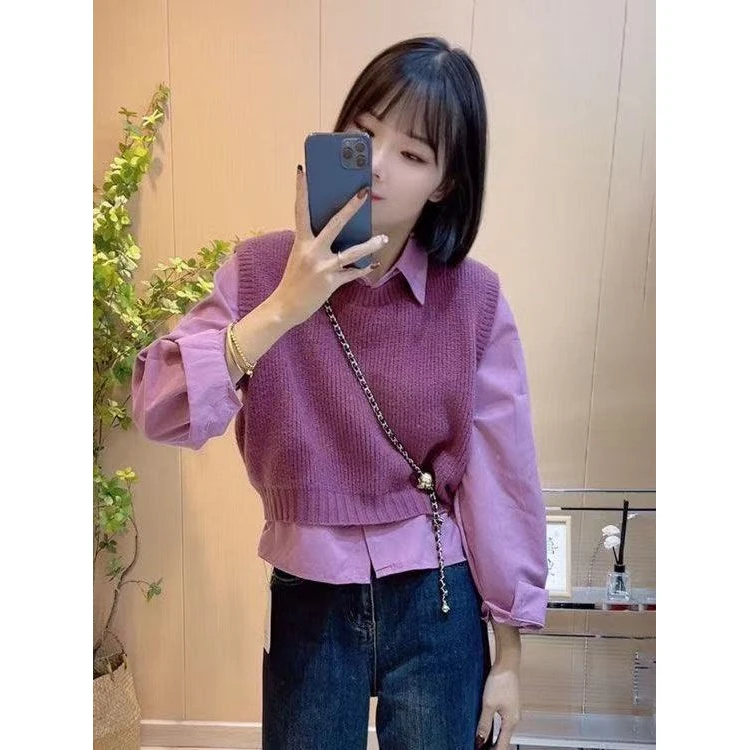 巨漂亮！针织衫马甲背心女宽松显瘦百搭慵懒风翻领长袖衬衫两件套