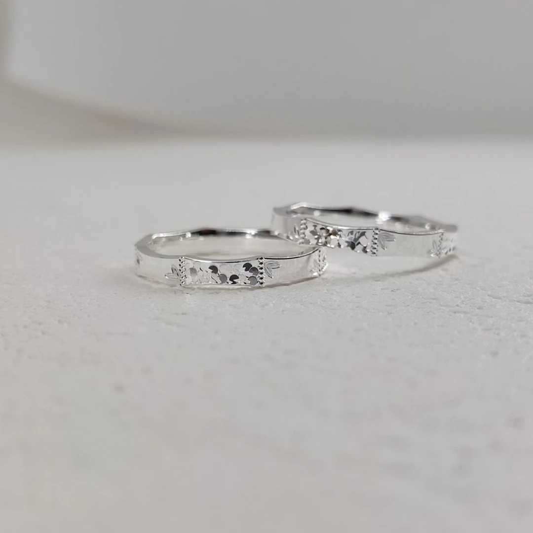 足银戒指 碎冰冰竹节闭口情侣对戒车花简约指环百搭礼物小众轻奢