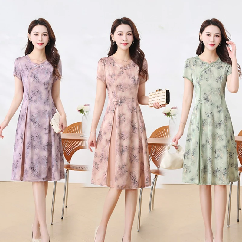 现货 新中式国风连衣裙女妈妈夏款洋气花色改良旗袍夏装高贵裙子