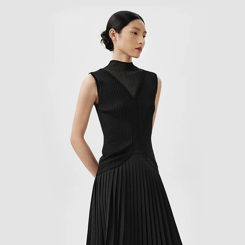 LANCY/朗姿2024春季新款无袖修身收腰吊带背心女拼接设计