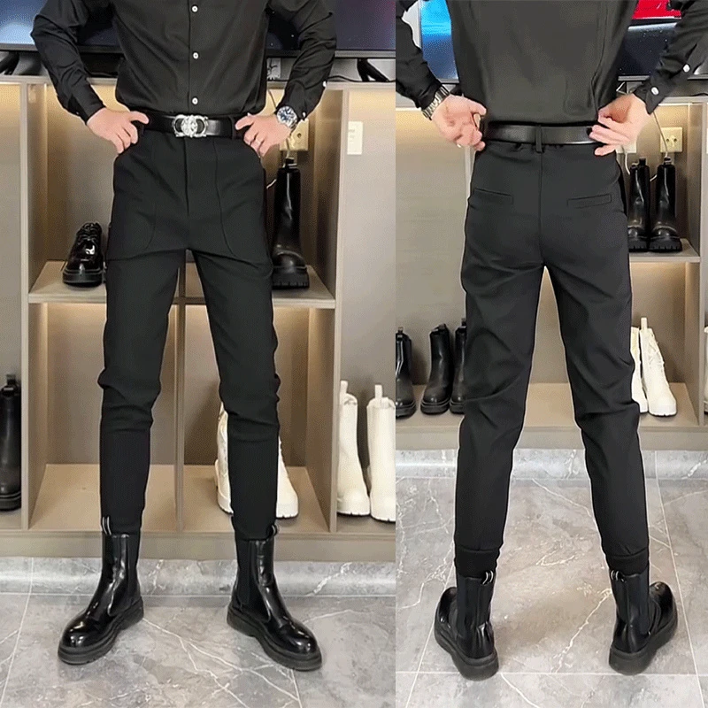 春季新款男士黑色束脚裤高品质痞帅黑色小西裤时髦百搭修身靴裤