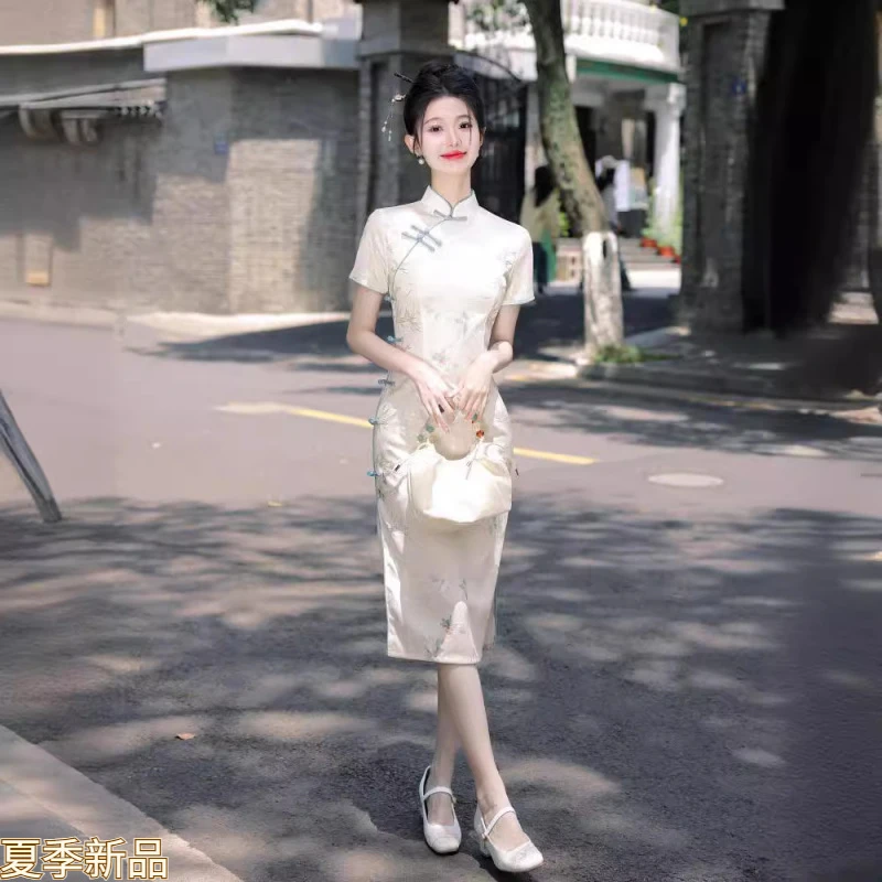 新中式日常可穿小个子中长款旗袍2025新款夏季改良年轻款少女白色