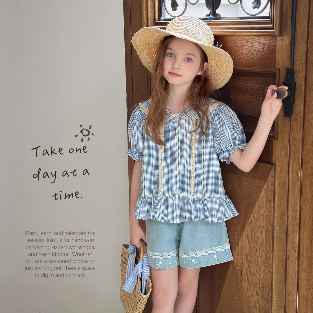 【冰岛格】蓝小爸童装女童格纹短袖衬衫夏季新款泡泡袖娃娃衫