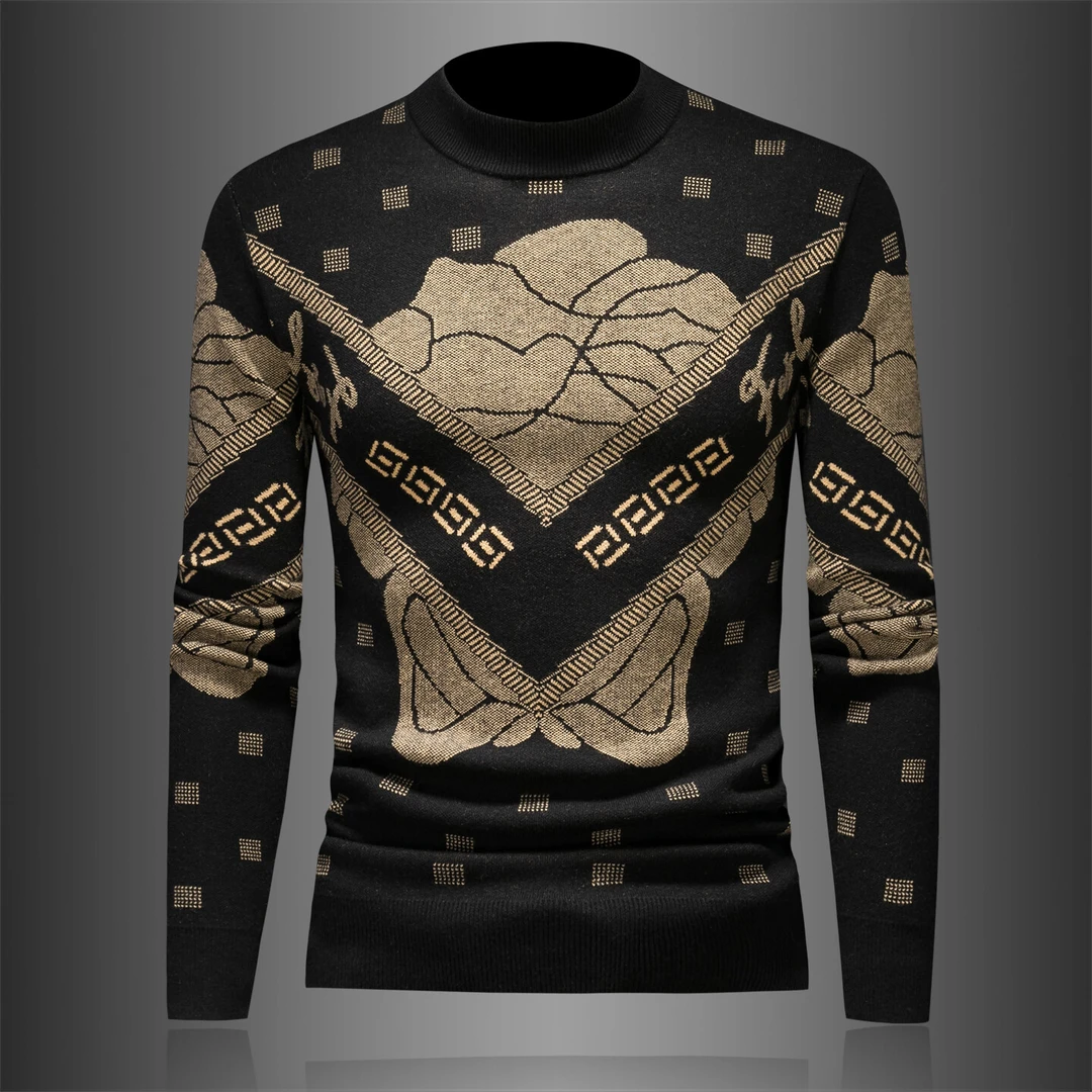 吉伦略索轻奢潮流欧货秋冬男士毛衣印花圆领保暖休闲羊毛针织衫