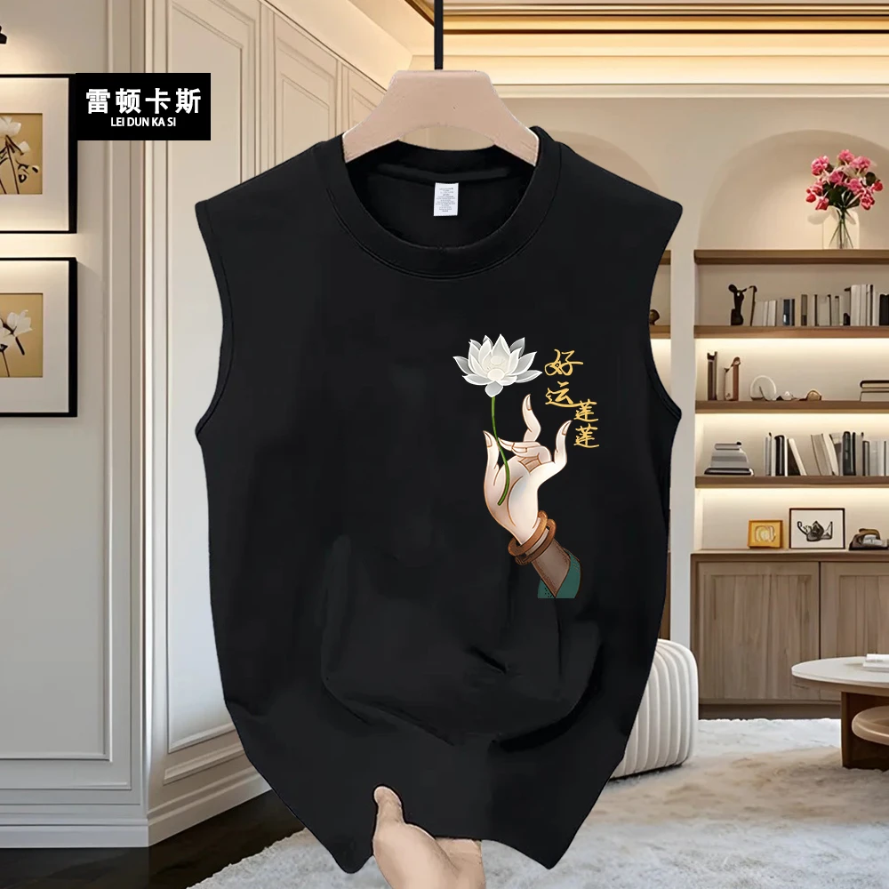 2025年新款重磅纯棉印花圆领背心无袖宽松休闲短袖t恤男女情侣