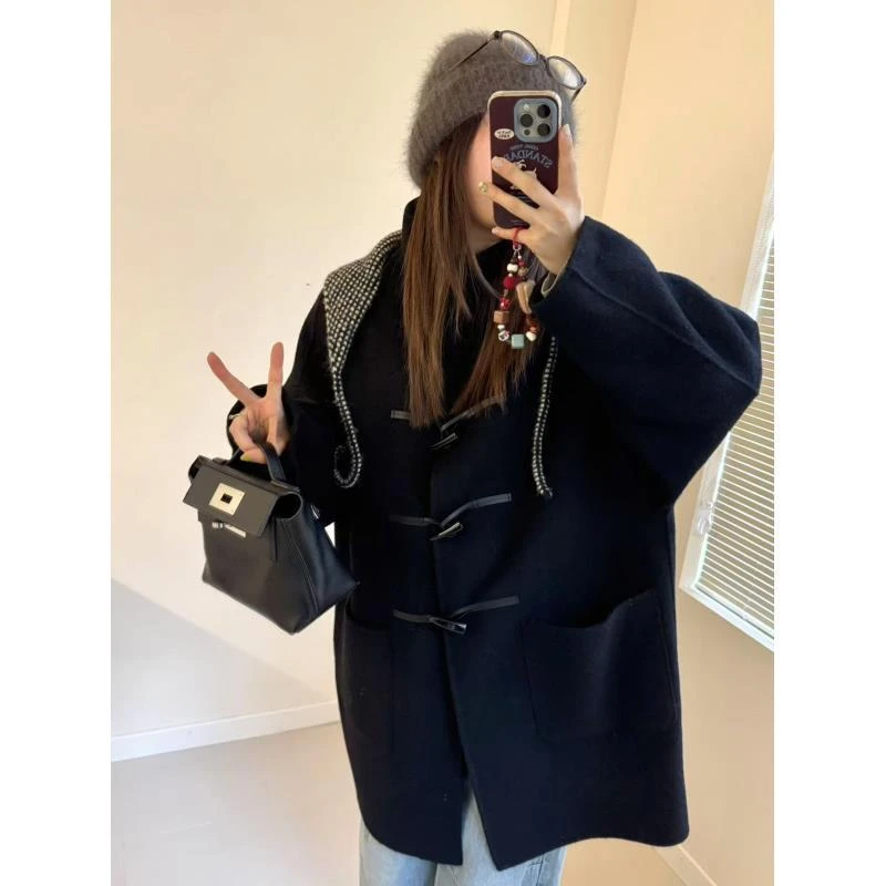 [小明专属]韩系牛角扣中长款双面呢大衣羊毛外套2501
