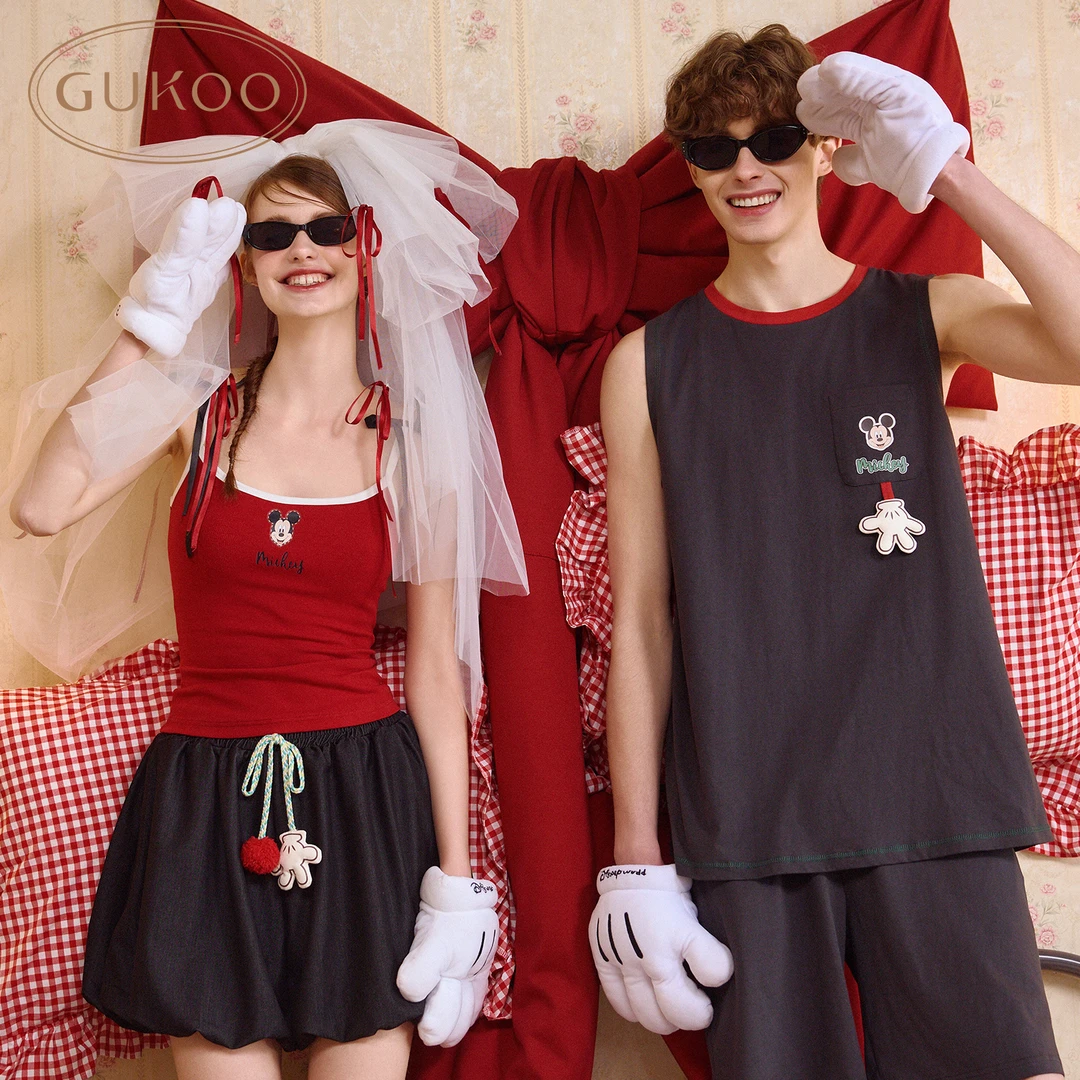 Gukoo/果壳迪士尼米奇带胸垫睡衣夏季吊带背心套装红色可外穿运动