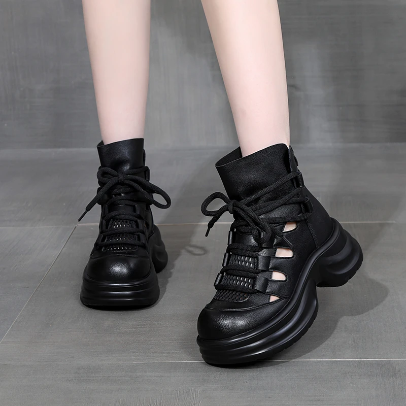 真皮厚底凉鞋女2025夏季新款镂空透气松糕猪笼鞋复古包头罗马凉靴