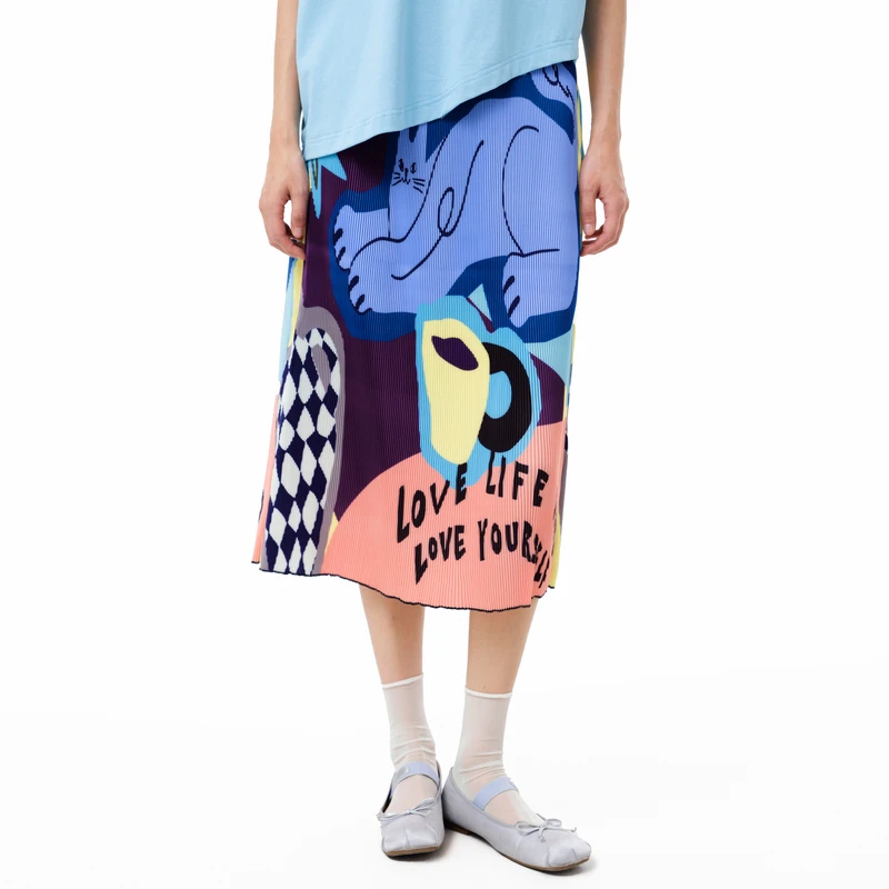 MOVEUP幻走2025夏季新款.FUN 松紧腰撞色印花设计半身裙325220613