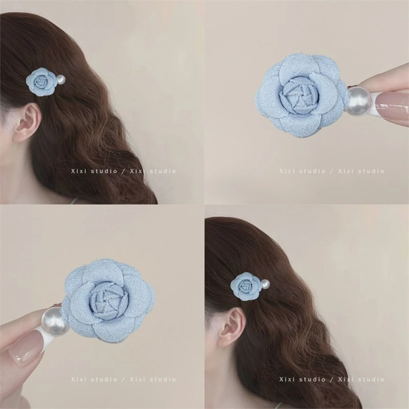 山茶花蓝色花朵发夹耳边侧边头饰2025新款流海发卡前额碎发夹发饰