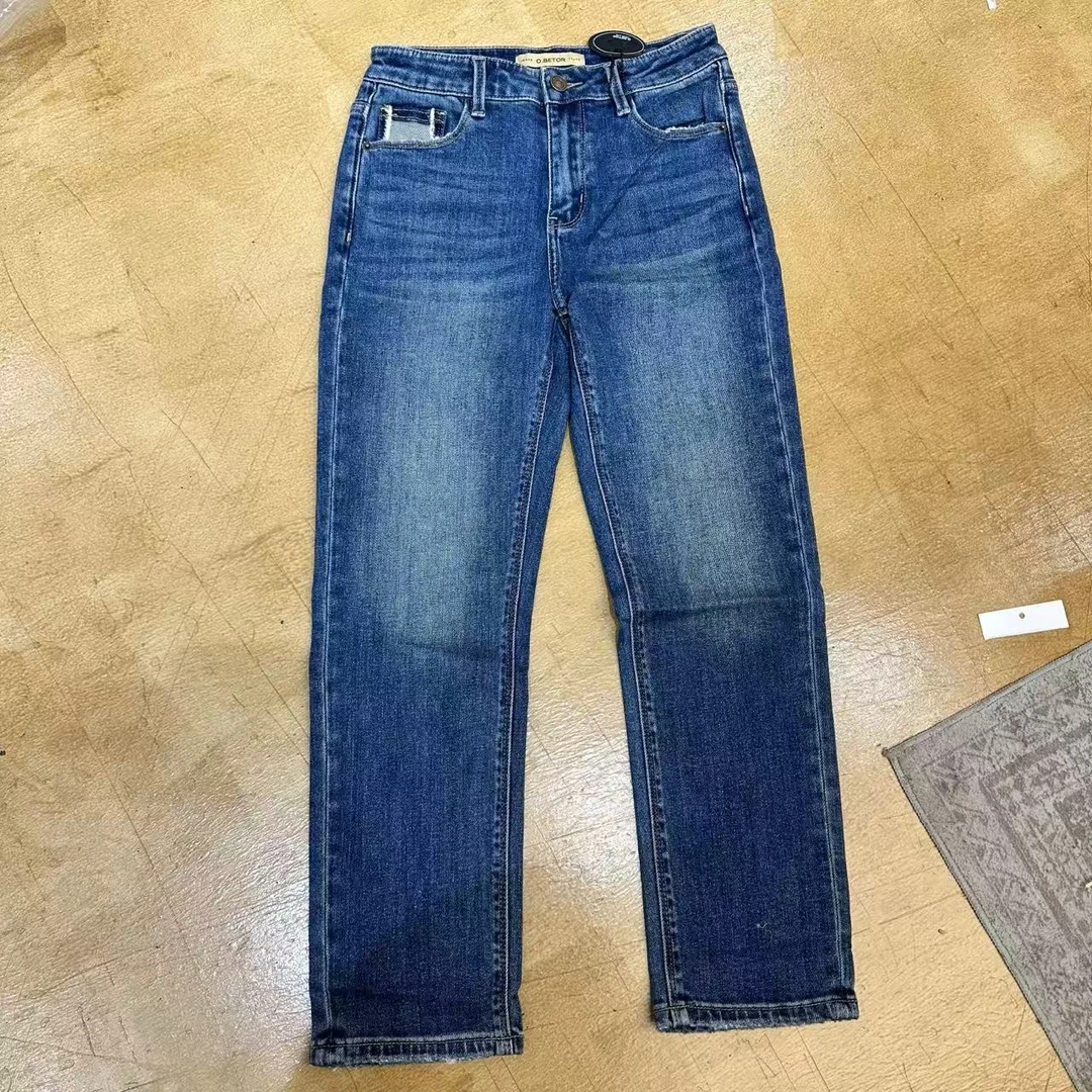 【简白】高腰常规水洗做旧牛仔裤女 11-80287