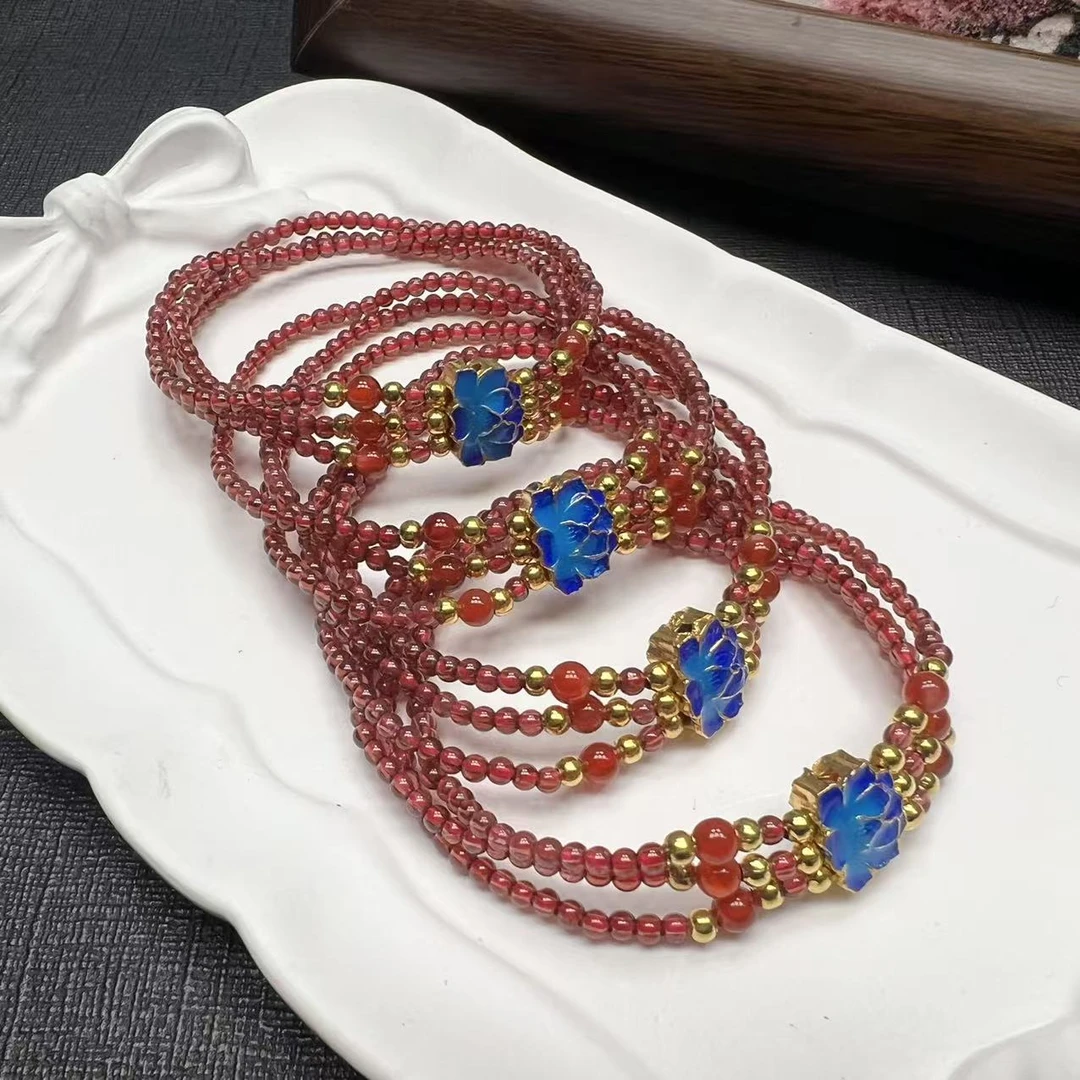 A383天然石榴石三层手链搭配烧蓝设计莲花配件国风款【多样性发一】