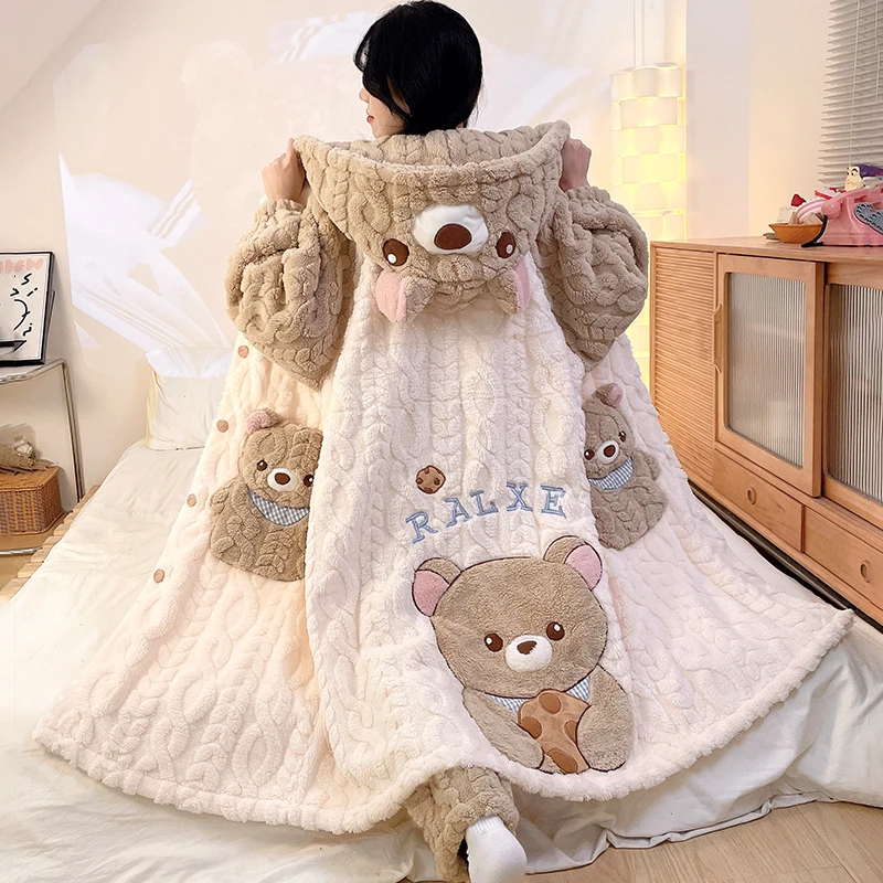 珊瑚绒秋冬季加绒加厚新款女款可爱卡通可外穿保暖睡袍家居服套装