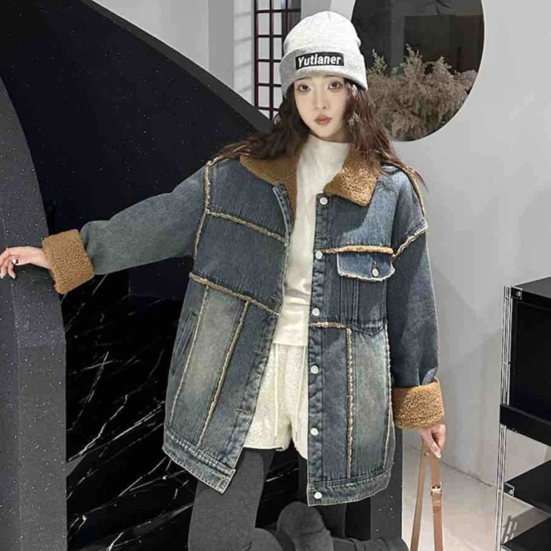 8593翻领牛仔加厚外套