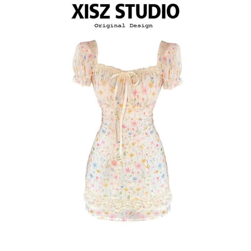 法式甜美风方领泡泡袖碎花连衣裙女夏季蕾丝花边收腰显瘦A字短裙