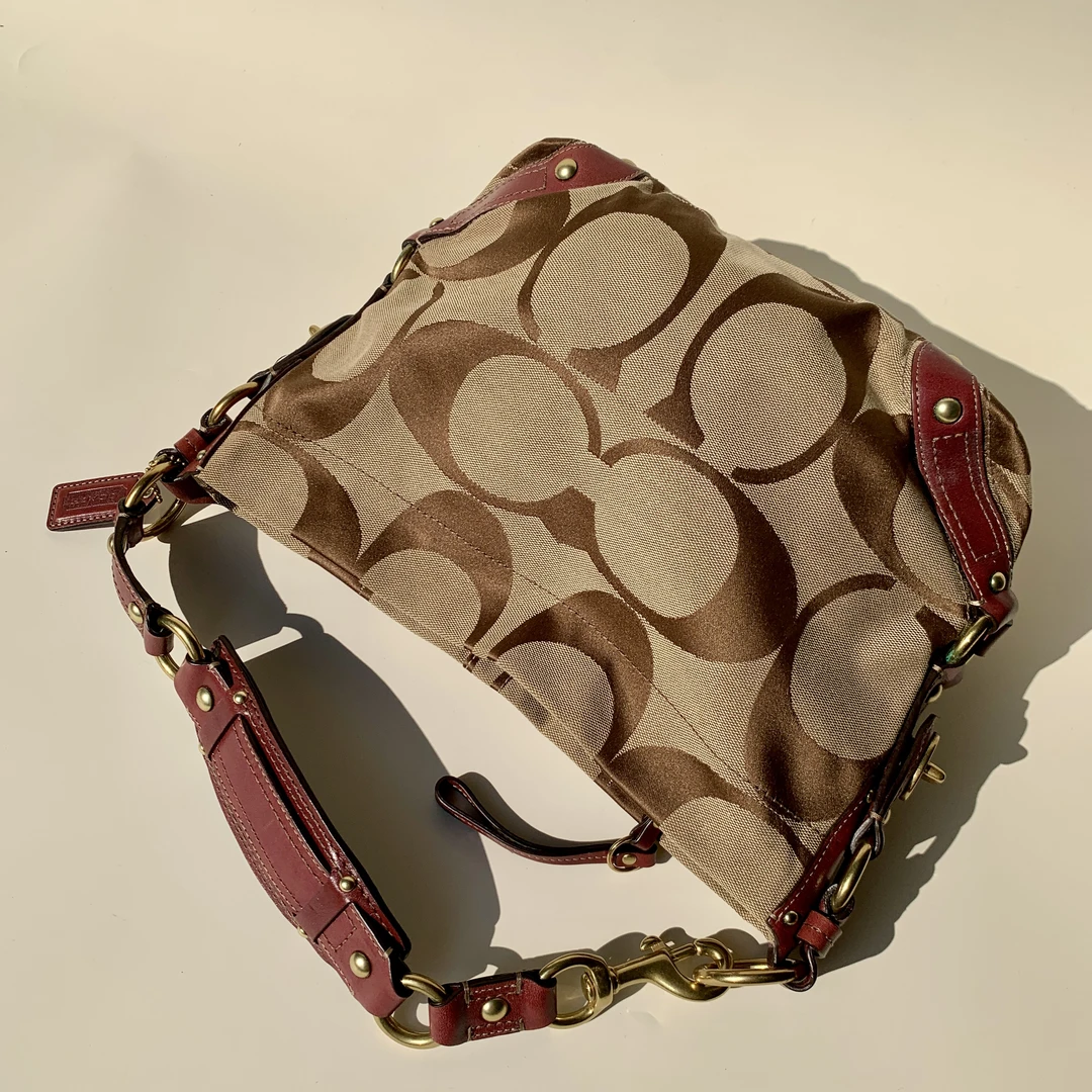 95新 COACH/蔻驰 经典老花红色拼皮手提单肩腋下元宝包