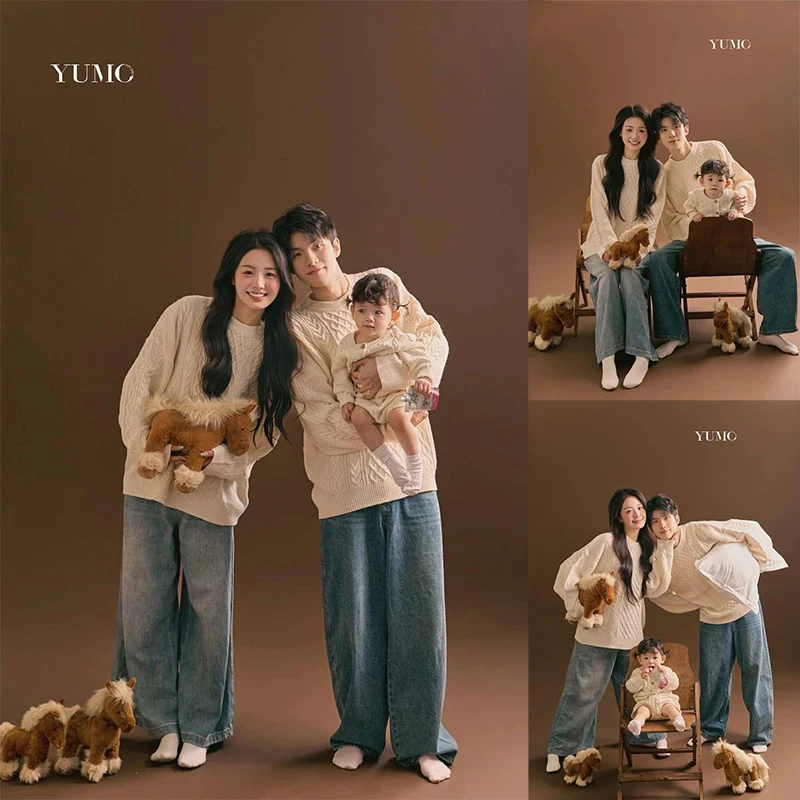 亲子装一家三口白色圣诞主题马年新款影楼拍照写真服装宝宝周岁