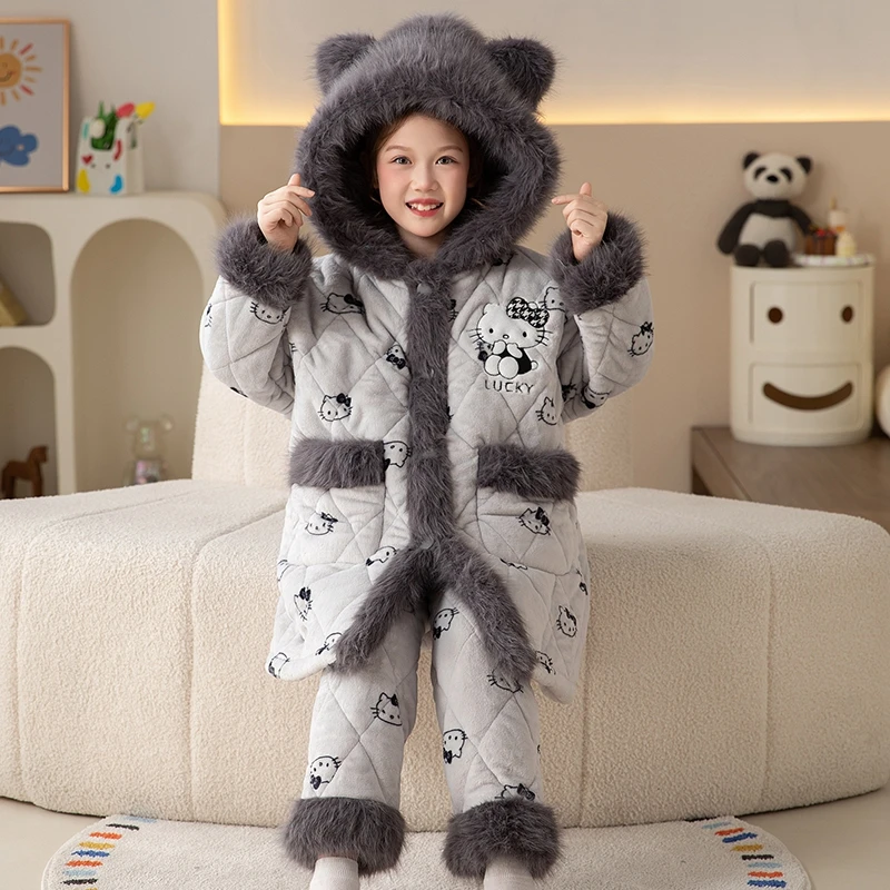 儿童冬季三层夹棉加厚加绒中大童女童拉链连帽加长款儿童睡衣套装