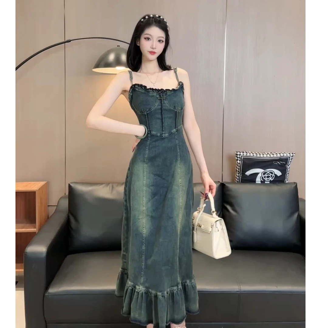蓓蓓定制-[T45]美式牛仔吊带连衣裙女春秋季新款显瘦鱼尾复古裙