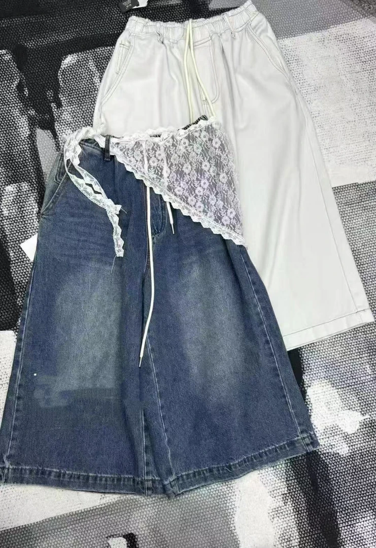 【正茂茂LGG】2025春夏宽松大版纯色大版阔腿水洗8分牛仔裤