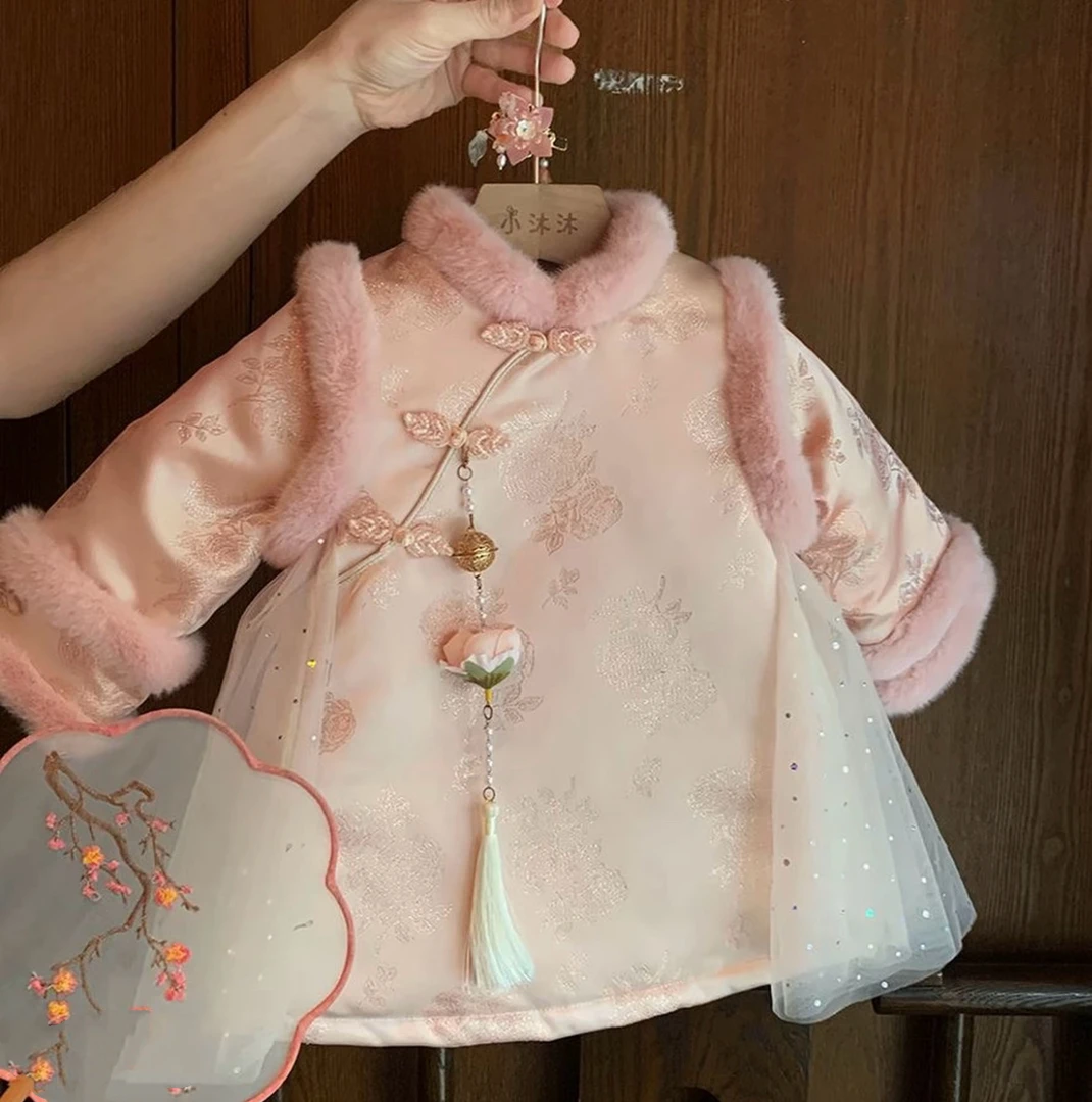 女童2025年新款周岁礼服冬小童女宝宝洋气汉服加绒夹棉女童旗袍裙