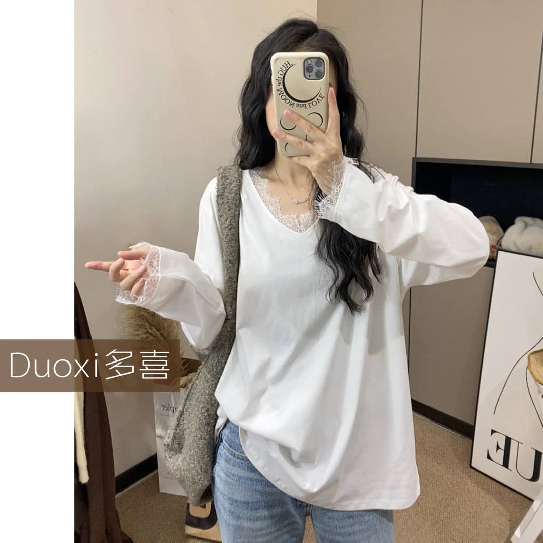 Duoxi【蕾丝V领】王炸新品白色蕾丝边拼接V领打底慵懒松弛感上衣
