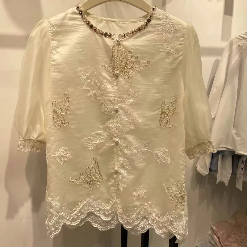 新中式国风钉珠珍珠扣蕾丝刺绣钩花短袖衬衣女2025夏季小衫上衣女