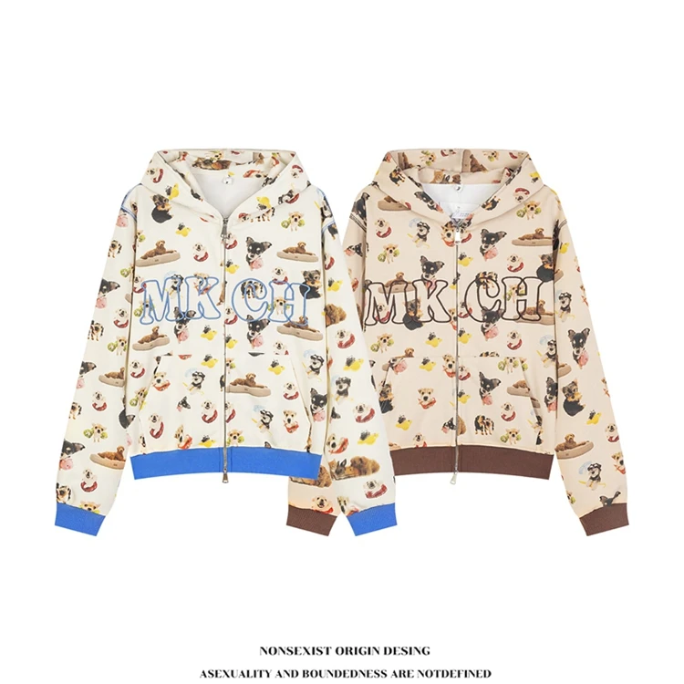 NONSEXIST 原创国潮小狗满印短款连帽卫衣宽松休闲潮牌情侣外套