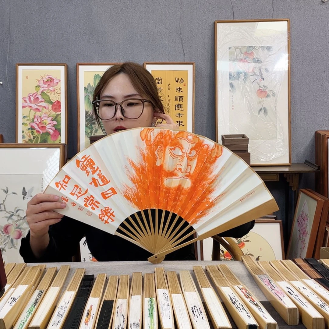 国画10寸玉竹-纯手绘-文玩扇骨（默认粘好）