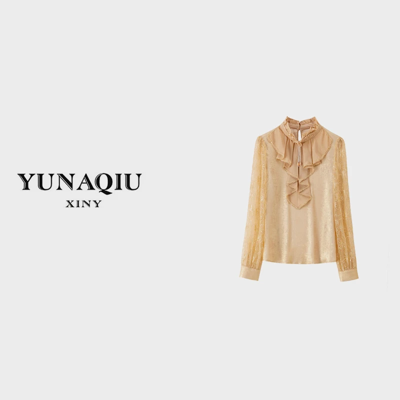 YUNAQIU轻奢气质蕾丝时尚百搭长袖衬衣设计感优雅衬衫-5751