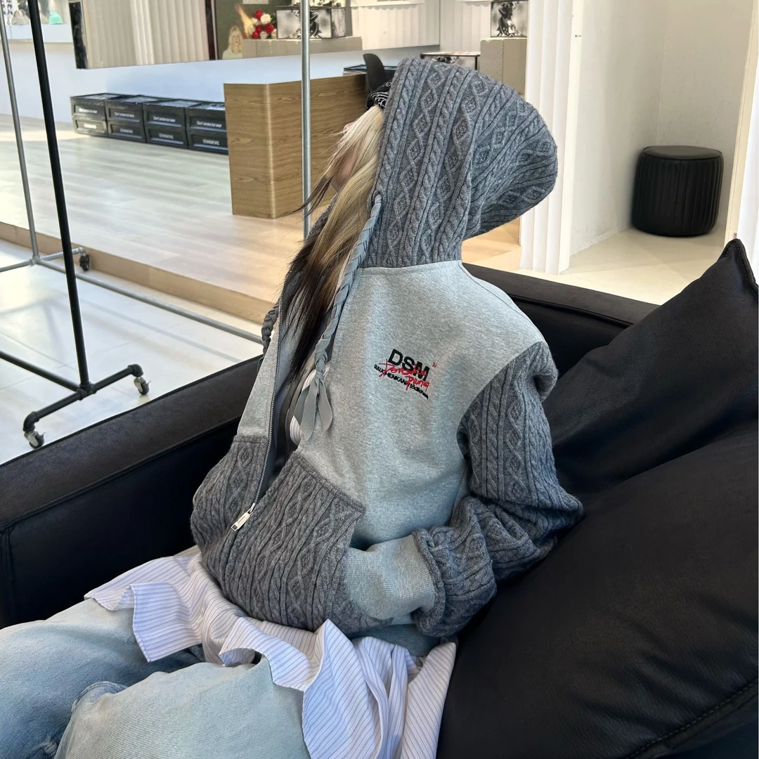 DONSMOKE针织拼接卫衣连帽Boxy版型修饰身形特殊帽绳可diy形态