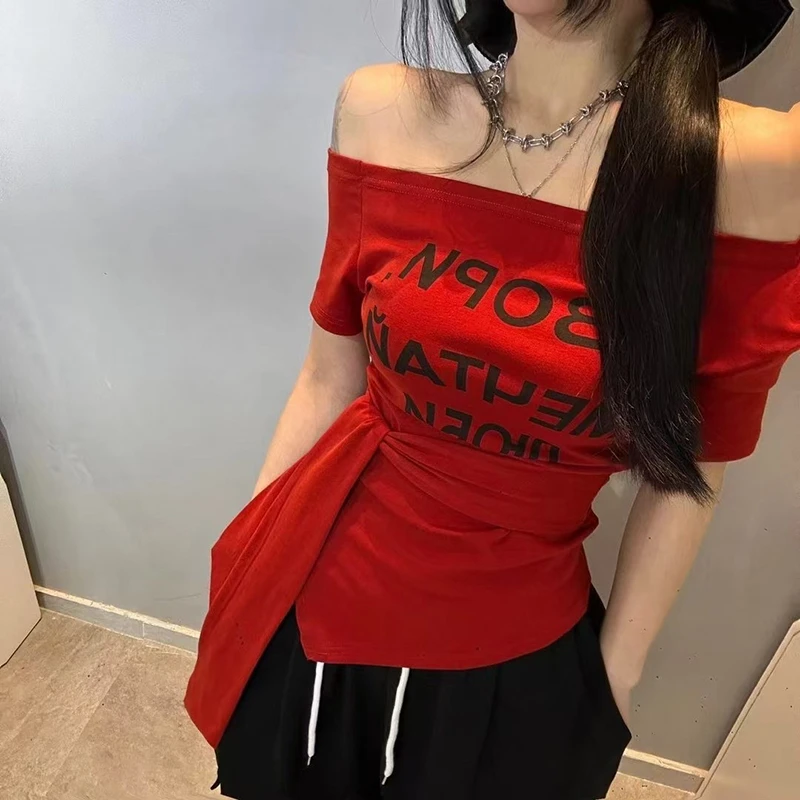 纯欲气质绑带一字领短袖T恤女夏季2025新款气质收腰显瘦露肩上衣