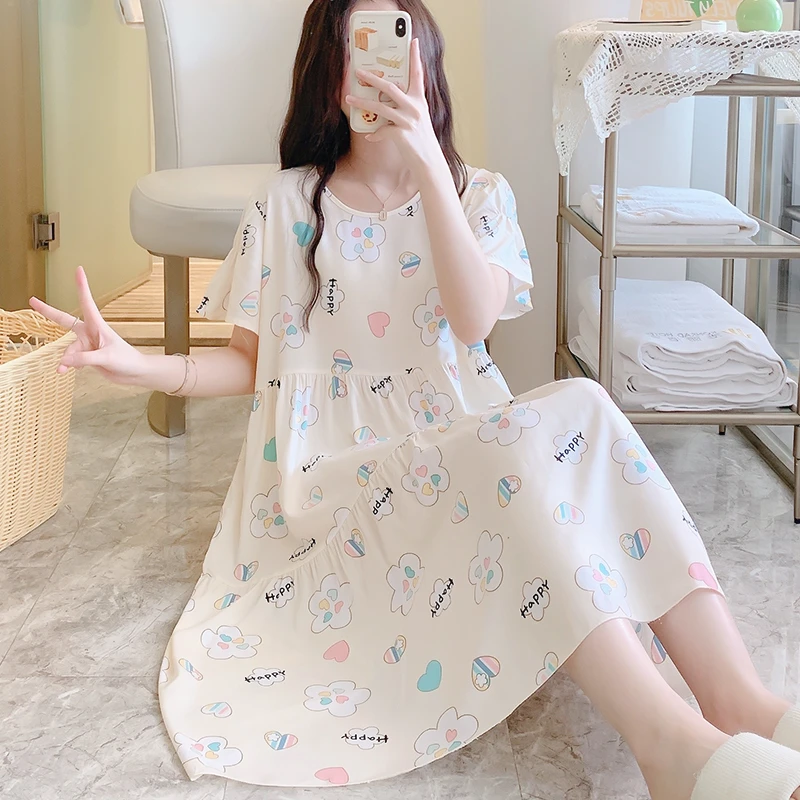 2405#棉绸睡裙夏女士大码睡衣人造棉家居服甜美高级感外穿长裙子